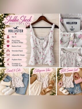 Hollister Size S Floral Cami Top White Pink Smocked Peplum